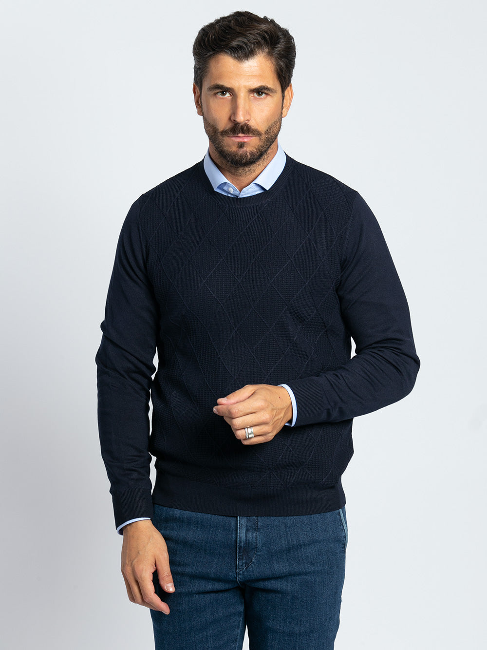 Maglia girocollo in viscosa rombi in tinta